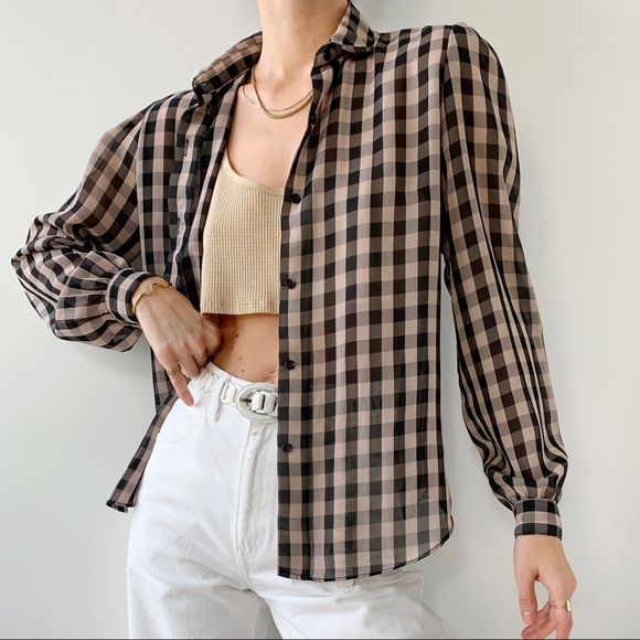FINAL SALE - Vintage 90s checkered puff shoulder sheer rounded collar blouse - Picture 3 of 6